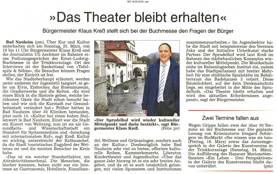 Bürgermeister Klaus Kreß zum Thmea Kur und Kultur auf der Ernst-Ludwig-Buchmesse, Sonntag, 25.03., 10-11 Uhr im Gespräch mit Journalistin Uli Aechtner - WZ 16.03.2018, pm