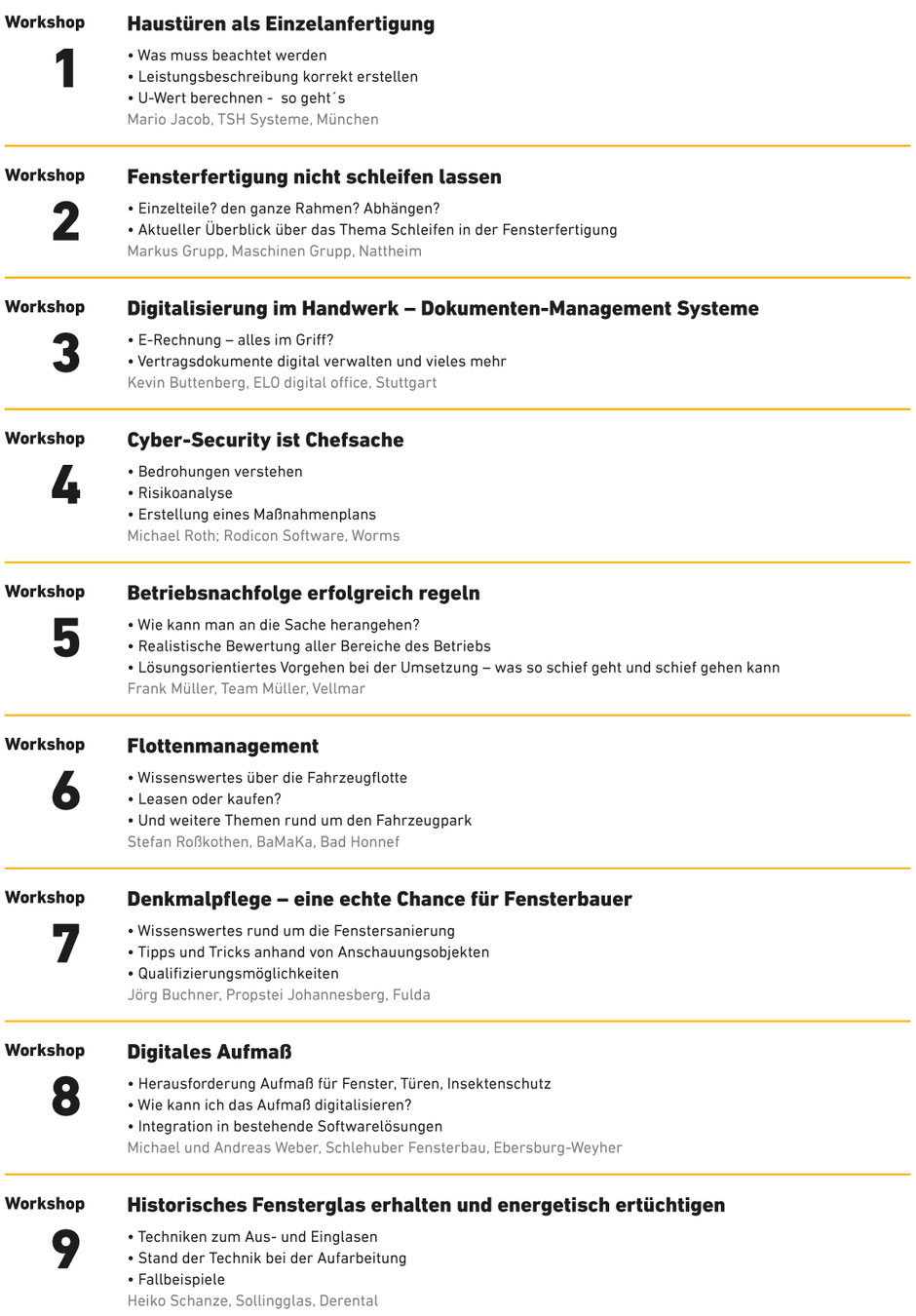 Liste der angebotenen Workshops