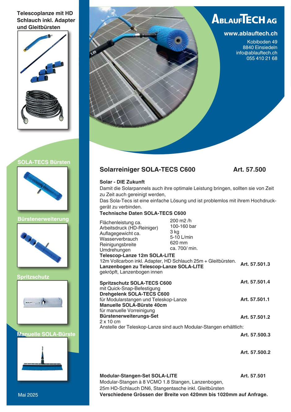 Solarreiniger Sola-TECS C600 Datenblatt - AblaufTech AG