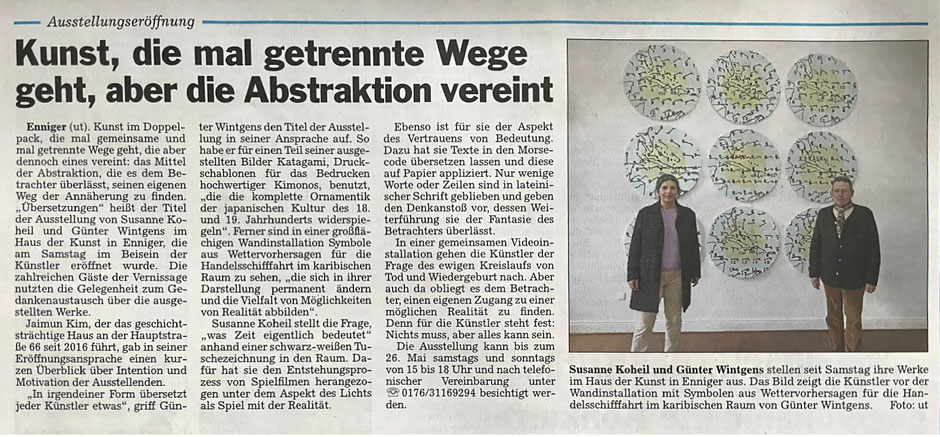 DIE GLOCKE schreibt zur Ausstellung »Übersetzungen« von Susanne Koheil und Günter Wintgens im Haus der Kunst Enniger.