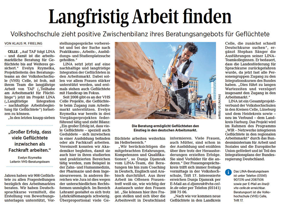 Screenshot des Artikels "Langfristig Arbeit finden" in der Celleschen Zeitung vom 07.03.2023