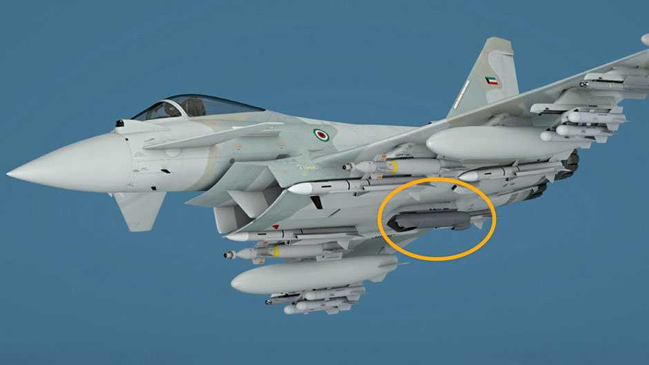 Elaborazione grafica di un Typhoon del Kuwait, nel cerchio il pod "Sniper". (Foto: Leonardo)