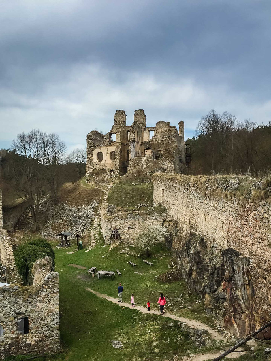 Exploring Hrad Divci Kamen with small children near Cesky Krumlov in the Czech Republic