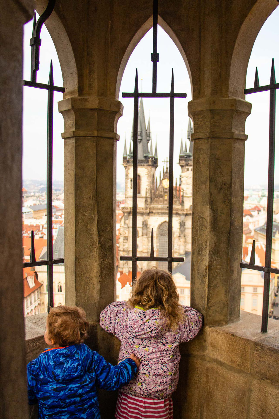 View from the Old Town Hall Tower in Prague with kids