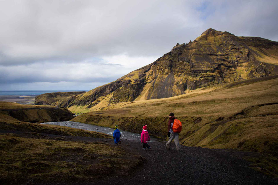 Hike near Skogafoss Waterfall in South Iceland with small kids