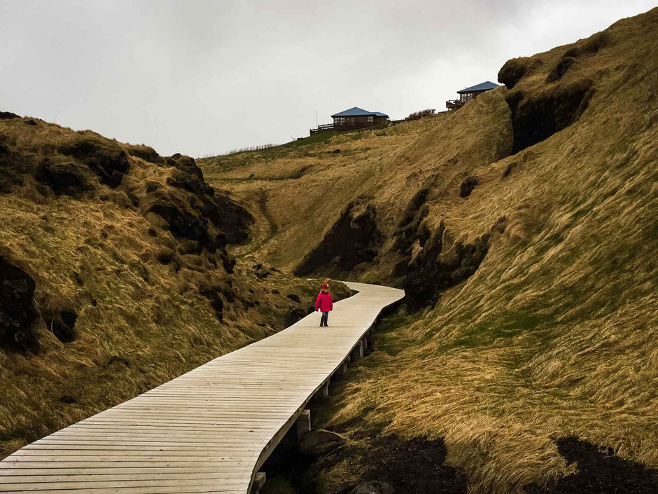 Boardwalk along hike Arnarstapi to Hellnar in Iceland with Kids