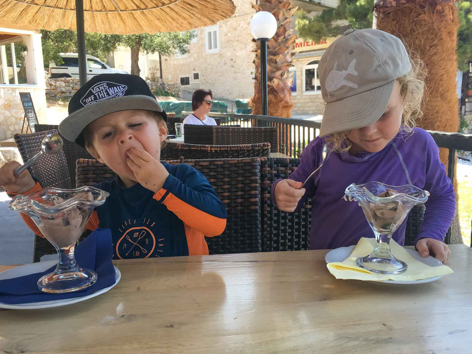 Having ice cream near Milna Beach Hvar, Croatia with Kids