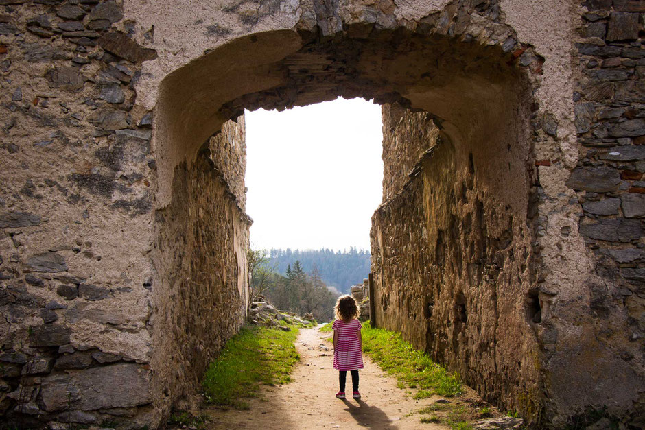 Hrad Divci Kamen with kids near Cesky Krumlov in the Czech Republic