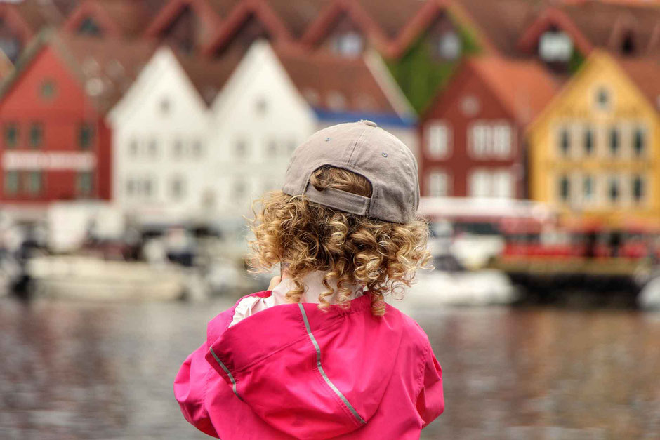 View of Bryggen in Bergen Norway with kids