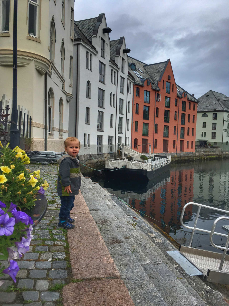 Alesund Art Nouveau District with children in Norway