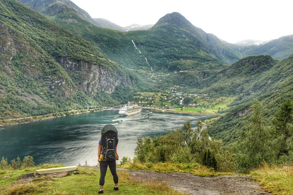 View of Geiranger from Homlong hiking with kids