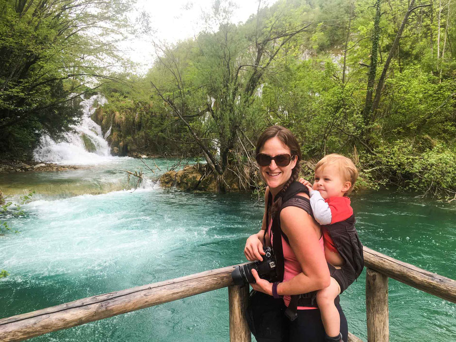 Plitvice Lakes with a toddler in a carrier