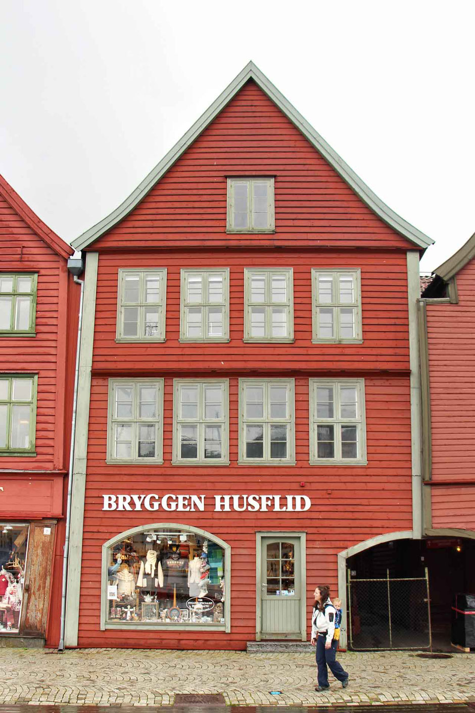 Bryggen in Bergen Norway with a toddler