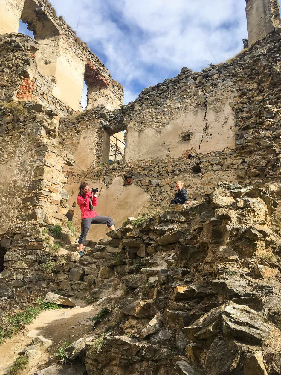 Hrad Divci Kamen with a toddler near Cesky Krumlov in the Czech Republic