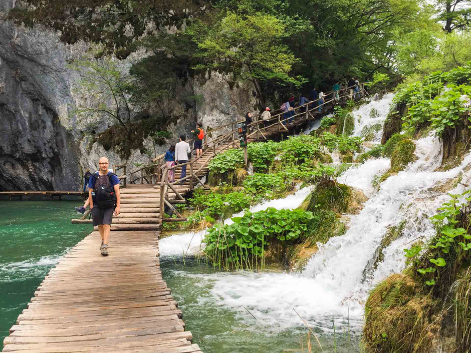 Waterfalls and boardwalk at Plitvice Lakes National Park Croatia