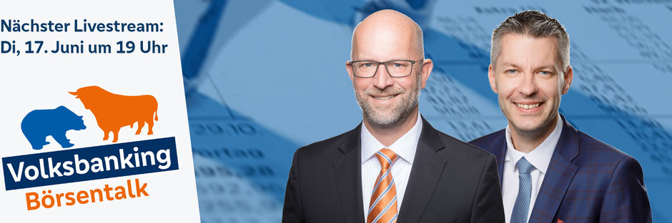 Auf dem Bild ist Jörg Lindemann und Alexander Geck zu sehen. Ebenso abgebildet ist das Logo des Börsentalks, sowie der nächste Termin: Di, 17. Juni 2025 um 19 Uhr.