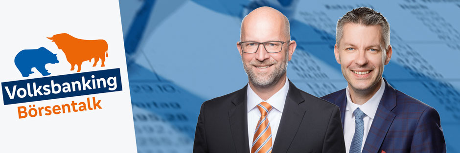 Bild von Jörg Lindemann und Alexander Geck und dem Volksbanking Börsentalk Logo
