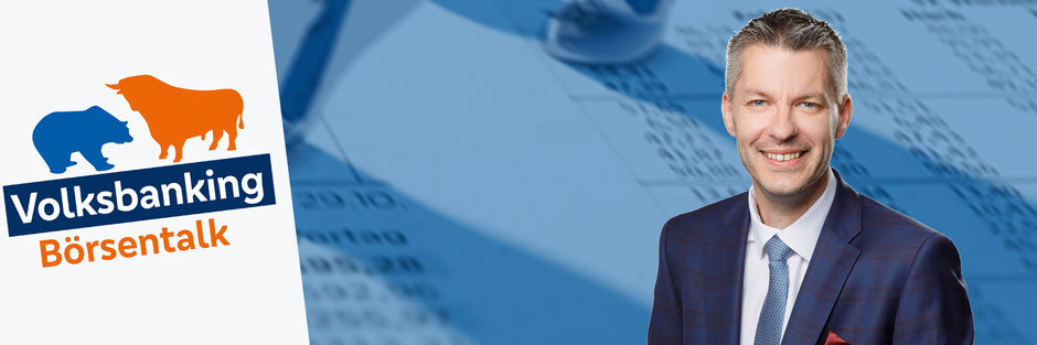 Bild von Jörg Lindemann und Alexander Geck mit dem Volksbanking Börsentalk Logo