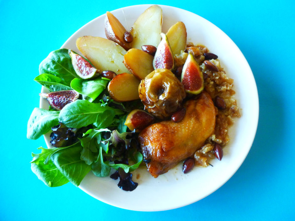 Poulet aux amandes et pomme confite