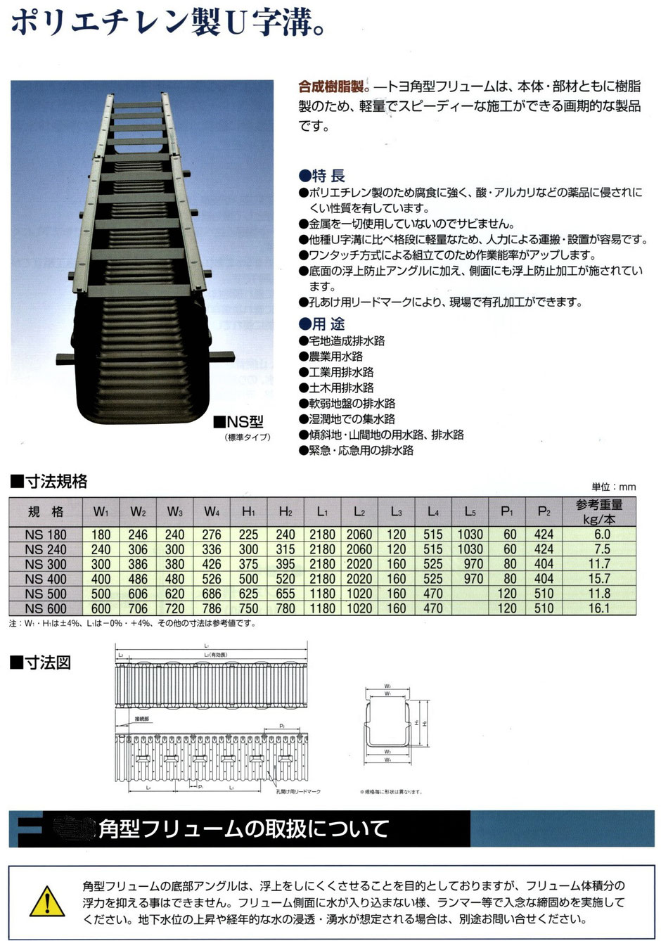 軽くて丈夫な、ポリエチレン製の角型U字溝を紹介する写真入りの説明資料です。