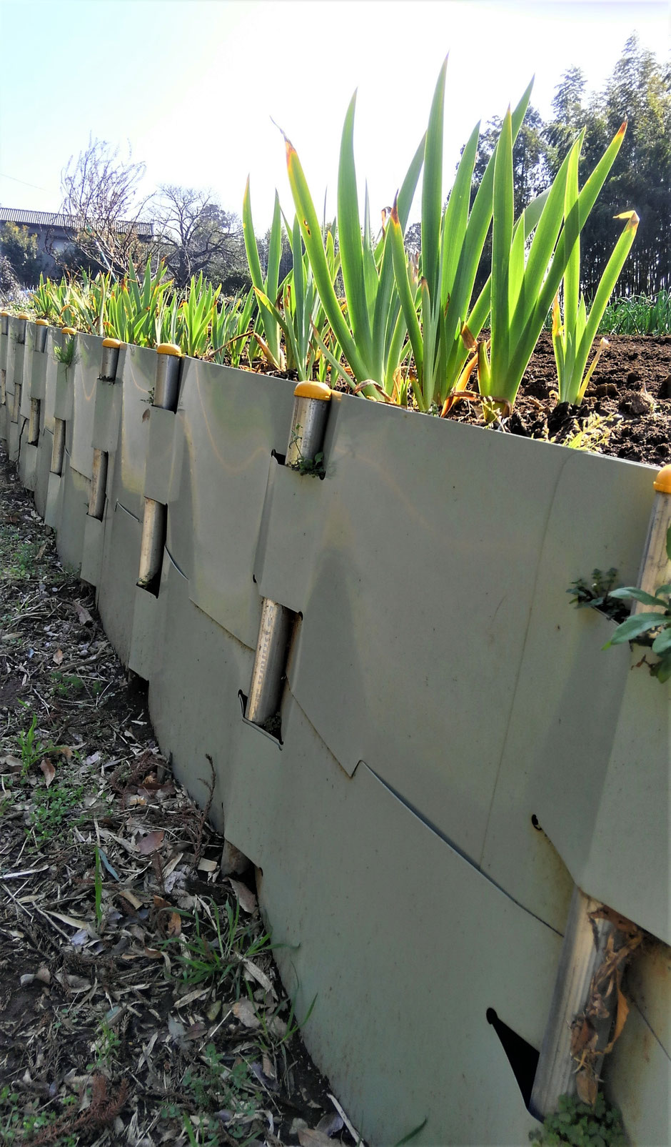 専門の土建屋に頼まなくても、日曜大工でかんたんに出来る地すべり防止用の土留鋼板をご紹介する写真入りページです。