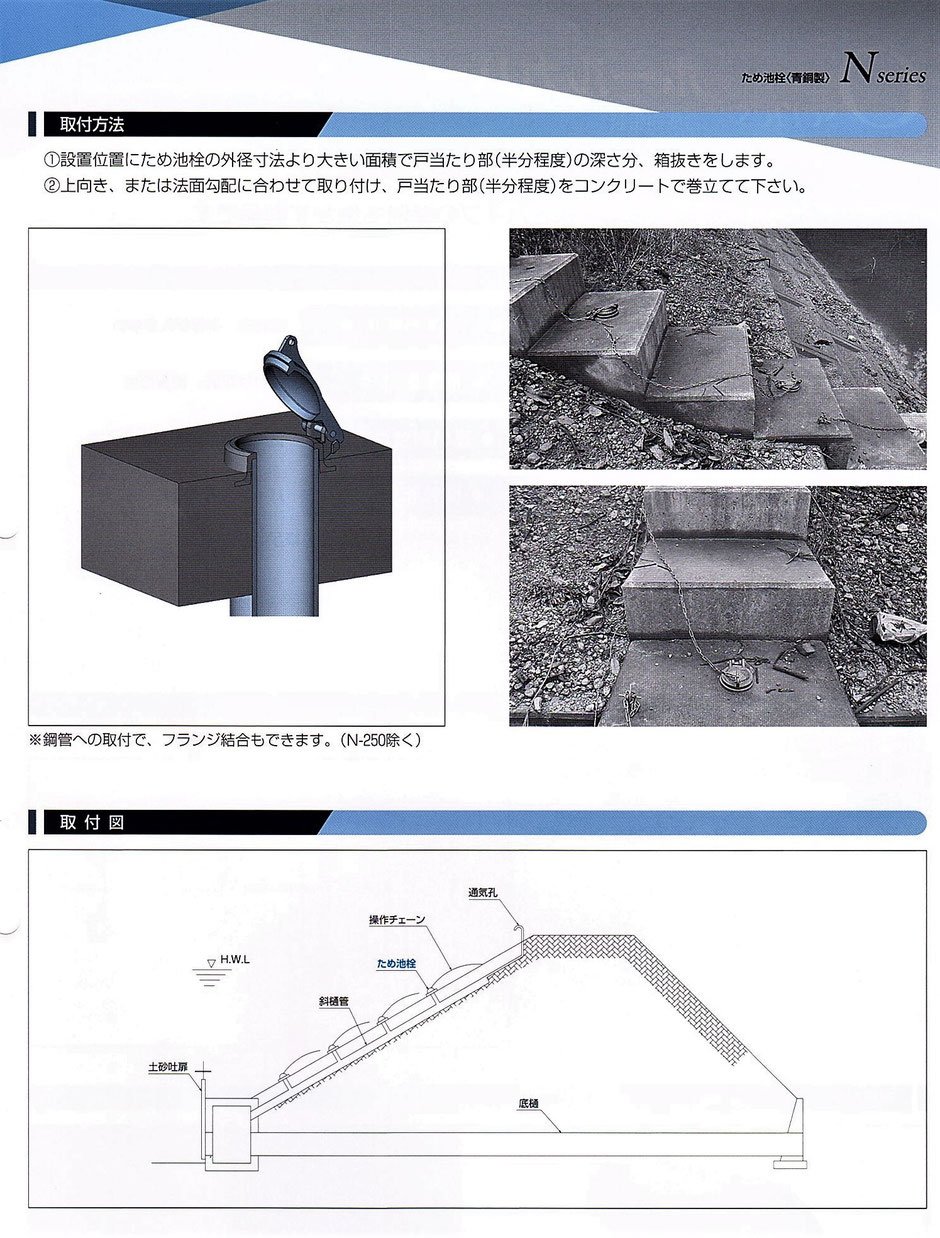 各地に設置されている、「ため池」の水量を調整するためのため池栓をご紹介するページです。