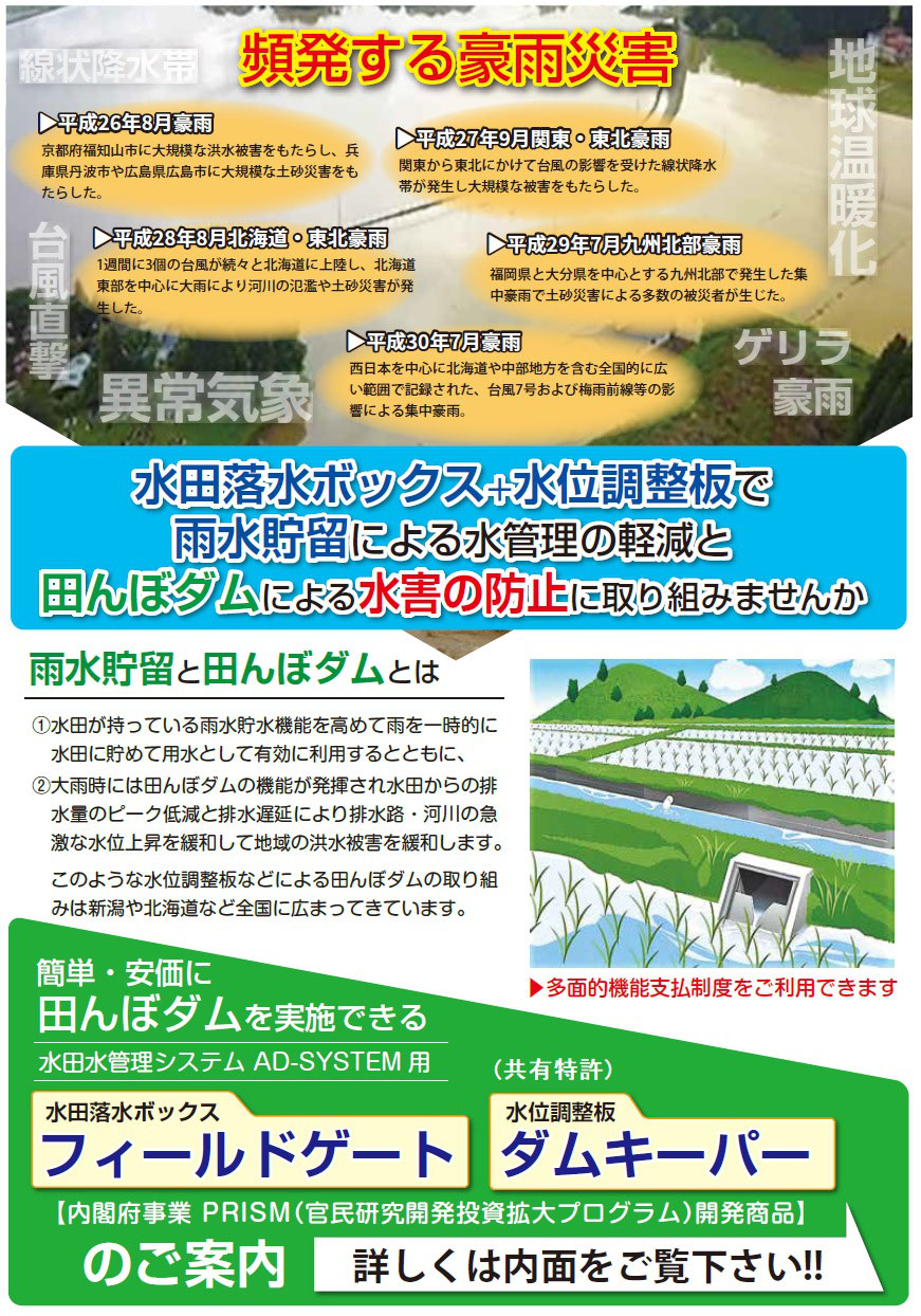 暗渠　暗きょ　田んぼダム　洪水から町を守る　田んぼの貯水機能　豪雨対策　防災機能　水害　ゲリラ豪雨　田面　田んぼの水はけ