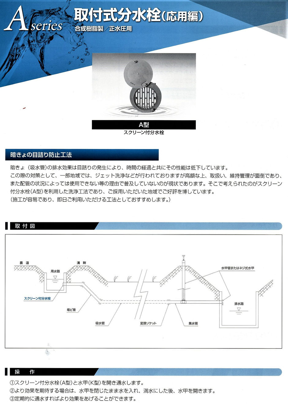 田んぼに水を引き込むのに、コンクリート製の用水路に取り付ける分水栓のご紹介するページです。