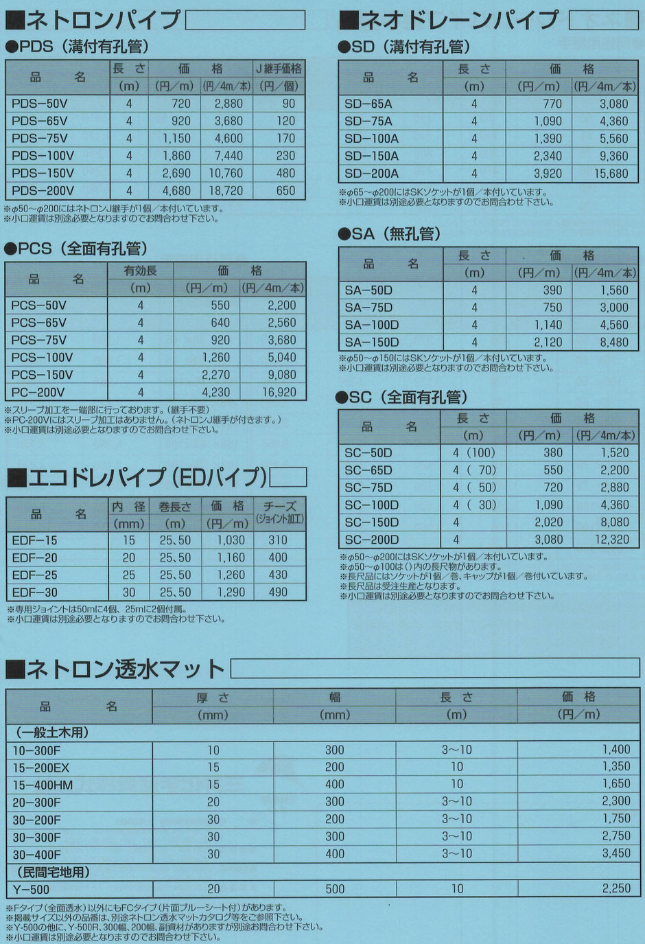 ネトロンパイプやエコドレンパイプの価格表です。