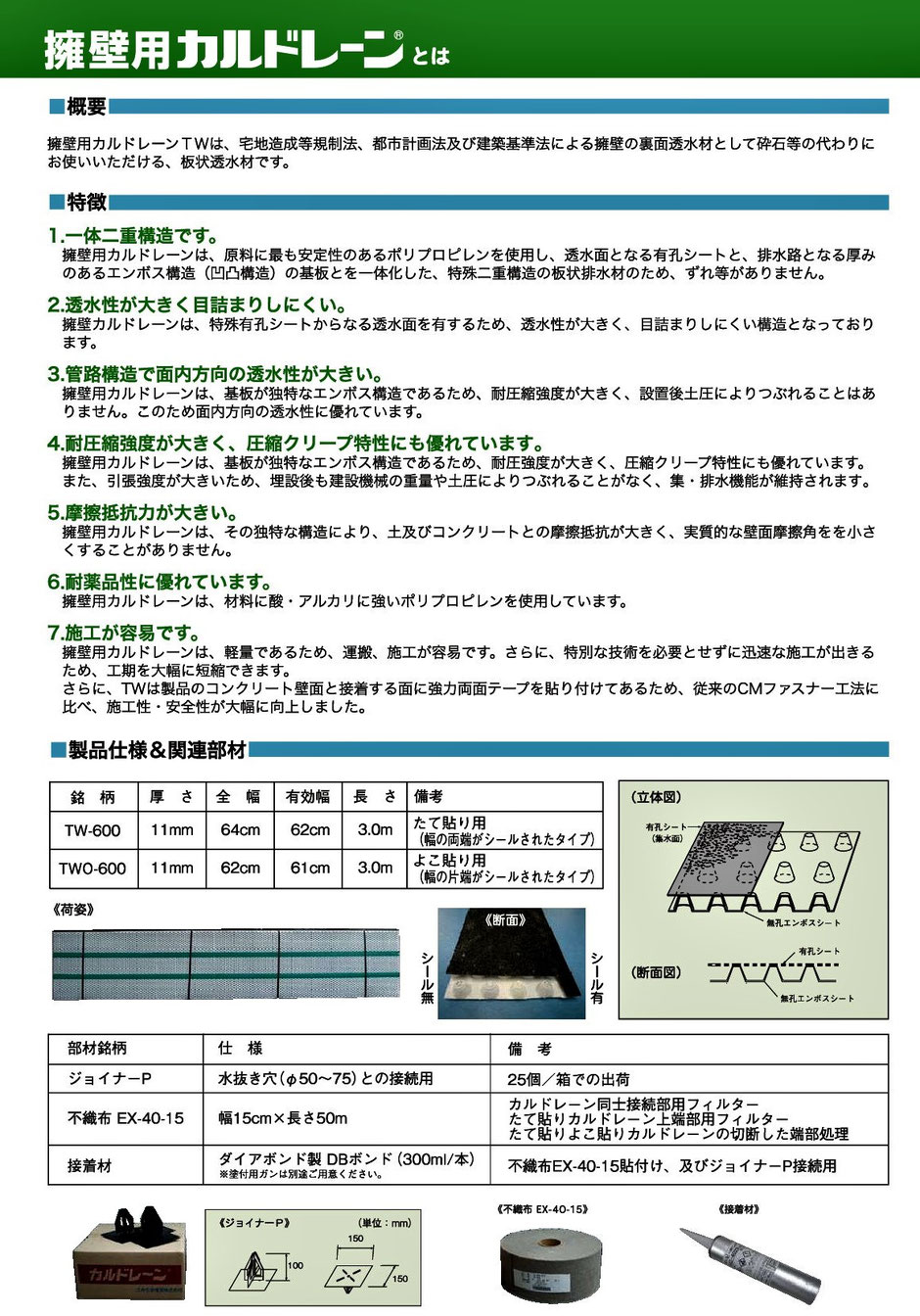 面状・板状の排水材である、【カルドレーン】をご紹介するページです。砕石を使用しないため、施工が大変楽で土木工事の工期短縮や用地巾の節減により、コストダウンを可能とします。