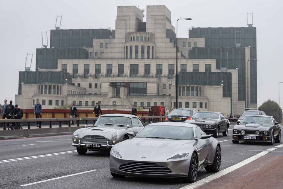 Aston Martin James Bond 007 Cars in front of MI-6 DB5 DBS V8 Vantage 