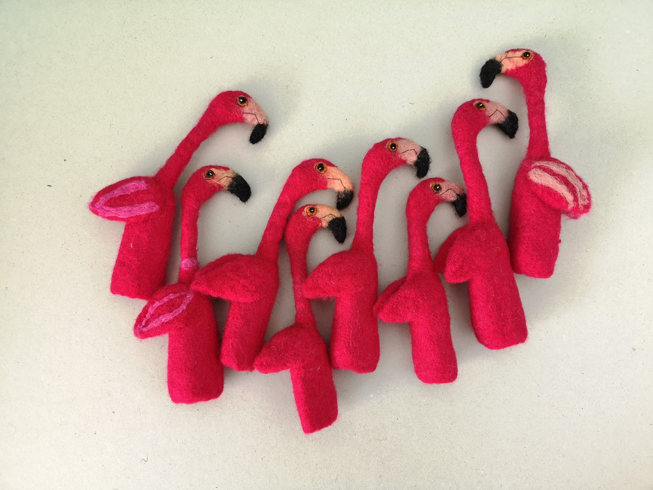 Fingerpuppen pink Flamingo, handgefilzt aus 100% Wolle