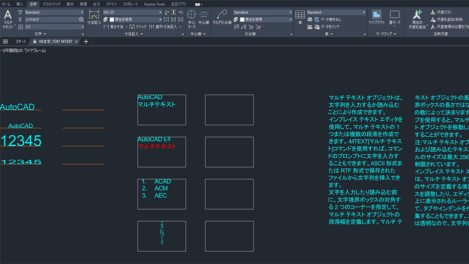 AutoCAD 文字記入 マルチテキスト