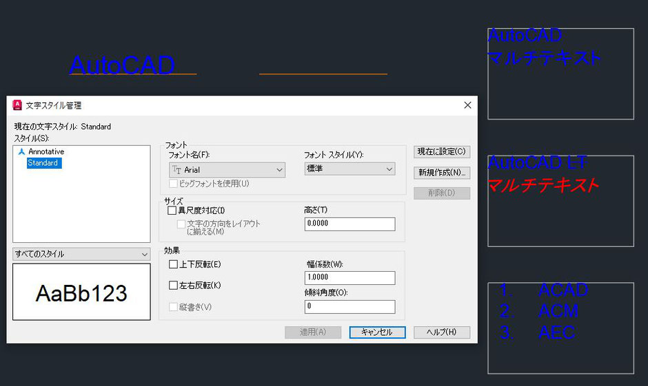 AutoCAD　注釈　文字記入　マルチテキスト　文字スタイル管理