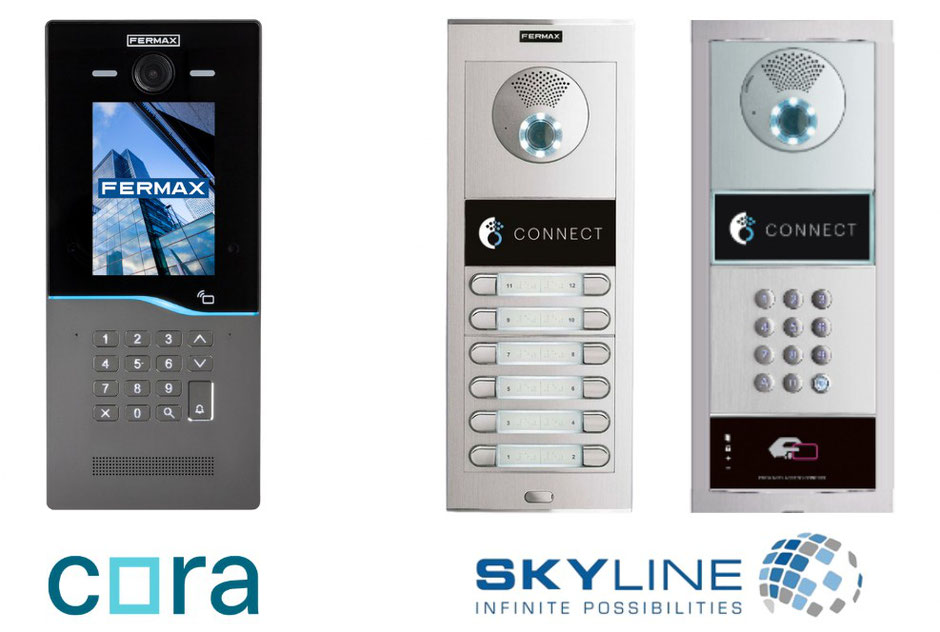 De izquierda a derecha: Placa cora, Placa Skyline Connect con pulsadores y Placa Skyline Connect con teclado y lector de proximidad.