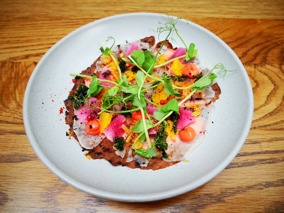 Hokkaido scallop carpaccio on injera crisps at Open Door Policy 