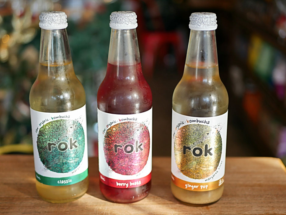 Three Organic Rok kombucha from Margaret River with different flavours (classic, berry beats and ginger pop)