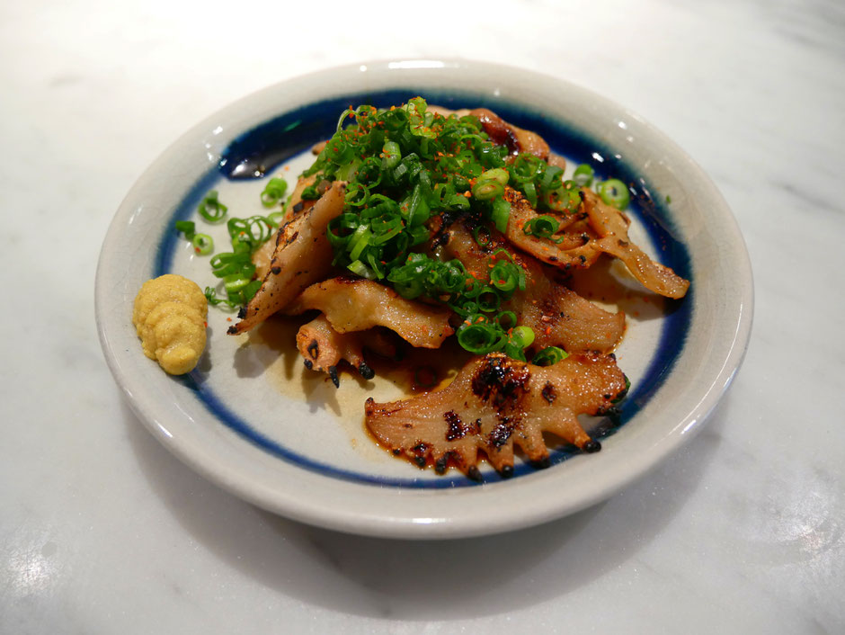 Cocks comb served with japanese yellow mustard and Japanese paprika on the side at Bincho Yakitori singapore