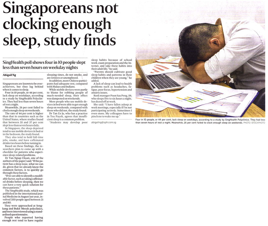 A newspaper clipping explaining that Singaporeans are not getting enough sleep