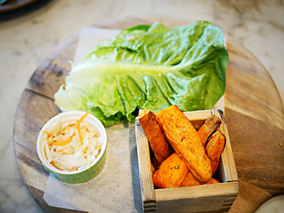 Lettuce chicken burger with sweet potato fries at The Living Cafe Singapore