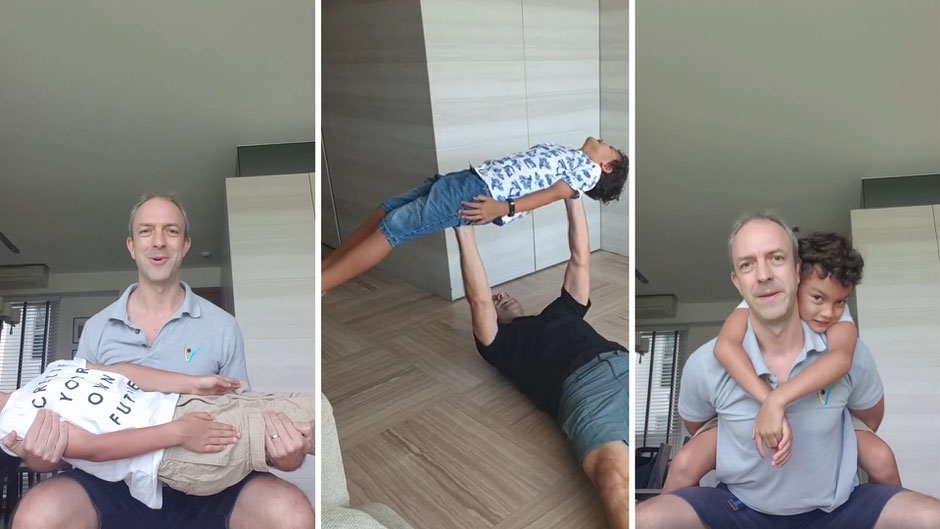 Front squat, bench press and back squat with my 25kg son! Solves the problem of having no equipment and kids not getting in the way in one fell swoop.