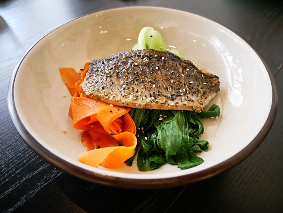 Barramundi with Asian sesame greens at Kitchen by Food Rebel