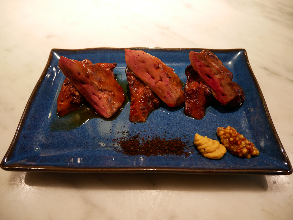 Chicken liver sauted in seven spices and accompanied by Japanese mustard, wholegrain mustard and yakitori sauce at Bincho Yakitori singapore