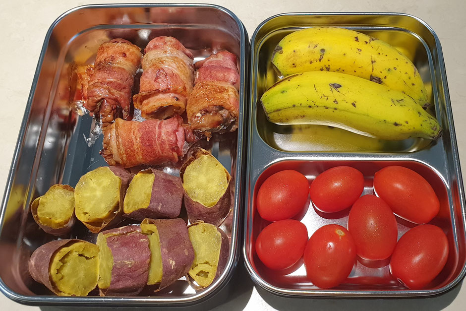 Oven baked chicken livers wrapped in bacon (both free range, antibiotic and hormone free), roast sweet potatoes, baby bananas and cherry tomatoes. All organic apart from the meat.