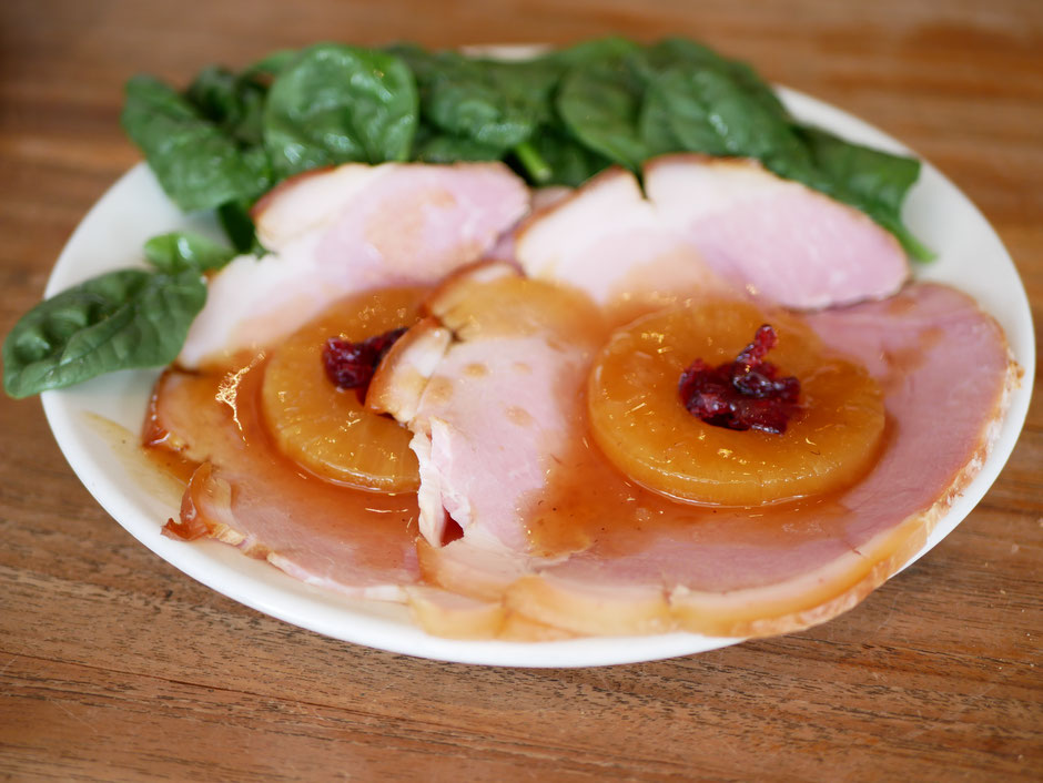  Homemade cured free range gammon paired with spinach salad and fresh slices of pineapples in a home-made pineapple sauce at oh deli cafe singapore