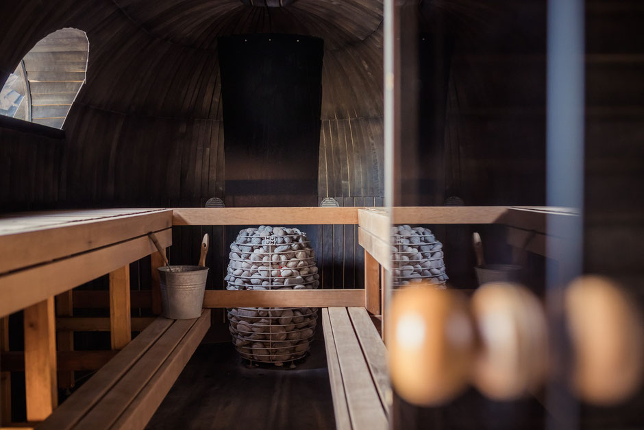 A traditional Finnish style dry sauna with hot rocks