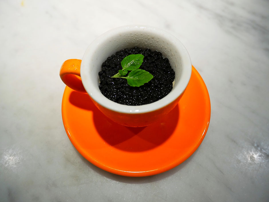 Tiramisu with smoked caviar served an orange expresso cup at Bincho Yakitori singapore