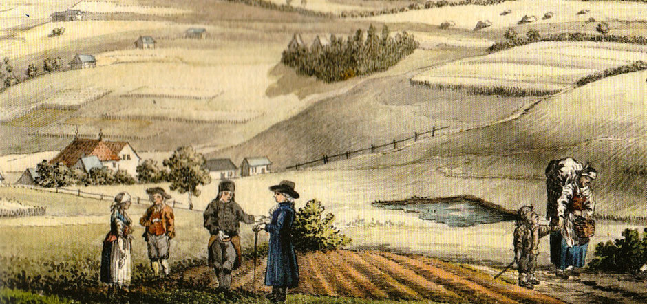 Landschaftsbild von Bischofsgrün um 1800 mit Personen im Vordergrund, gekleidet in damaliger Mode