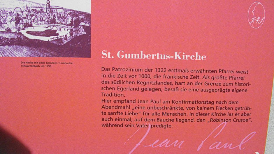 Schwarzenbacher Jean-Paul-Rundweg, Stationstafel 3 "St. Gumbertus-Kirche"