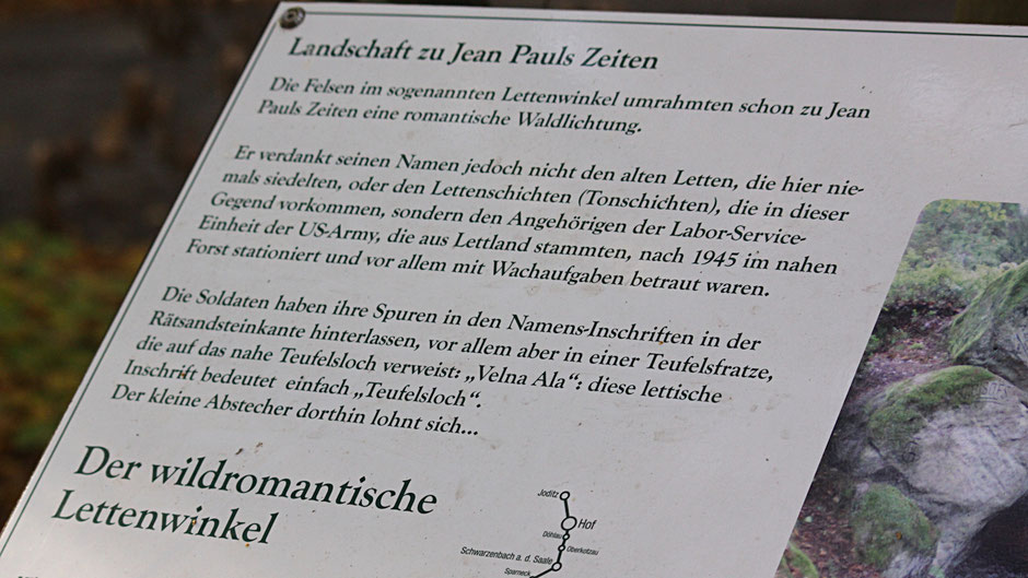 Auf dem Jean-Paul-Weg, Landschaftstafel "Der wildromantische Lettenwinkel" zwischen Teufelsloch und Waldhütte